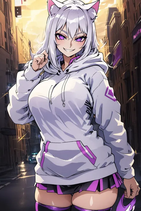 <lora:cheddarcheems-000002:0.9>, cheddarcheems, cat ears, silver hair, white hair, purple eyes, sparkling eyes, volumetric lighting, cowboy shot, thighhighs, white hoodie, smirk, smile