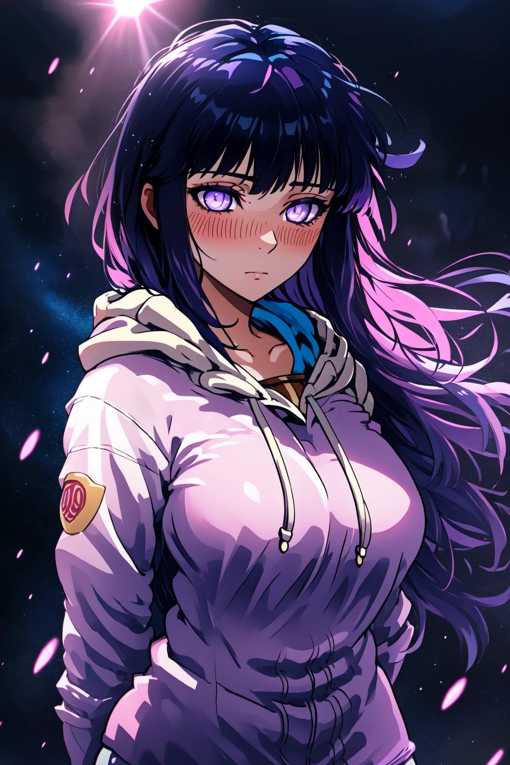 <lora:cheddarcheems-000002:1.0>, cheddarcheems, <lora:Hinata:0.7>, hyuuga hinata, hoodie, empty eyes, lavender eyes, dark blue hair, long hair, blush, arms behind back, large breasts, volumetric lighting, light particles,