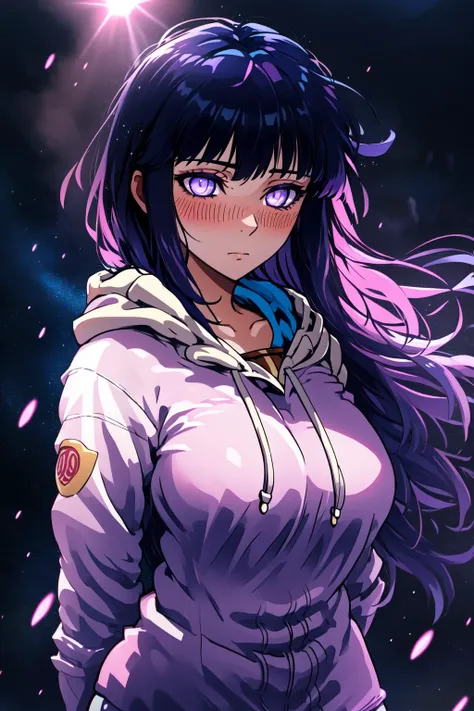 <lora:cheddarcheems-000002:1.0>,  cheddarcheems, <lora:Hinata:0.7>, hyuuga hinata, hoodie, empty eyes, lavender eyes, dark blue hair, long hair, blush, arms behind back, large breasts, volumetric lighting, light particles,