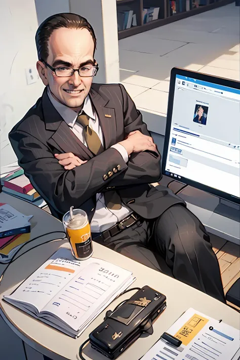 <lora:senatorarmstrong:1> senatorarmstrong, male, glasses, smile, teeth, necktie, black pants, black belt, white shirt, black suit, crossed arms, briefcase, professional profile picture, looking at viewer, office, desk, computer, <lora:muscle_slider_v1:-1.1>, from above, upper body, best quality, masterpiece, ultra high res, high detail,