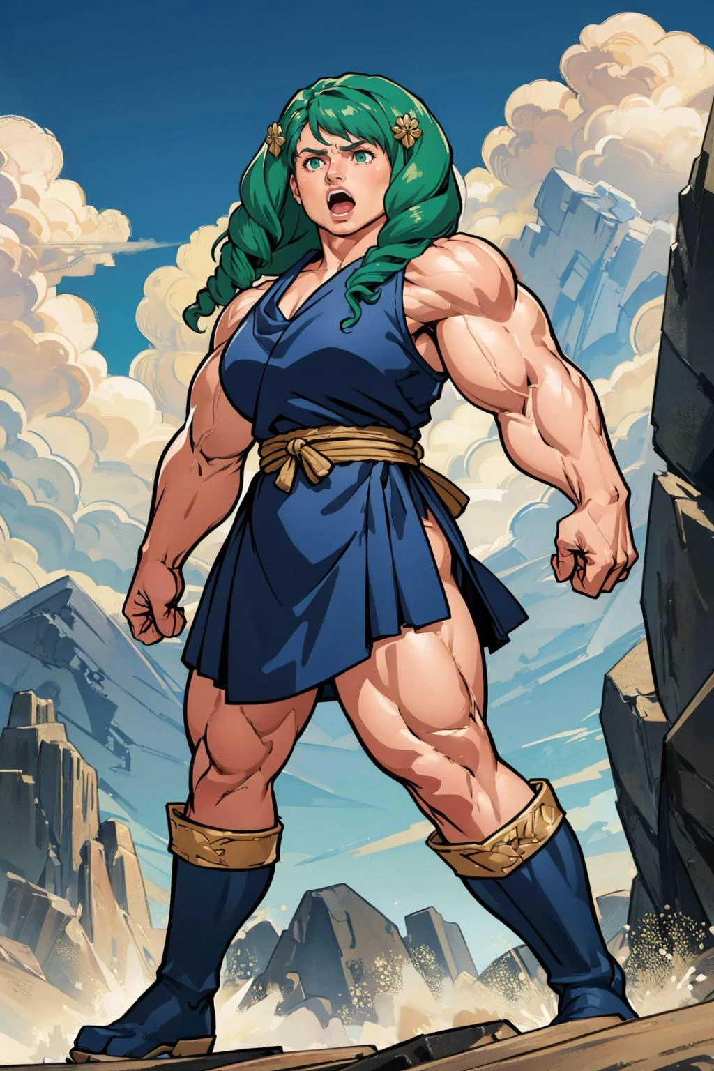 masterpiece, best quality, <lora:muscle_slider_v1:3> <lora:flayn-nvwls-v1-final:0.8> flayn, hair ornaments, black dress, blue pantyhose, knee boots, furrowed brow, yelling, 1girl, standing
