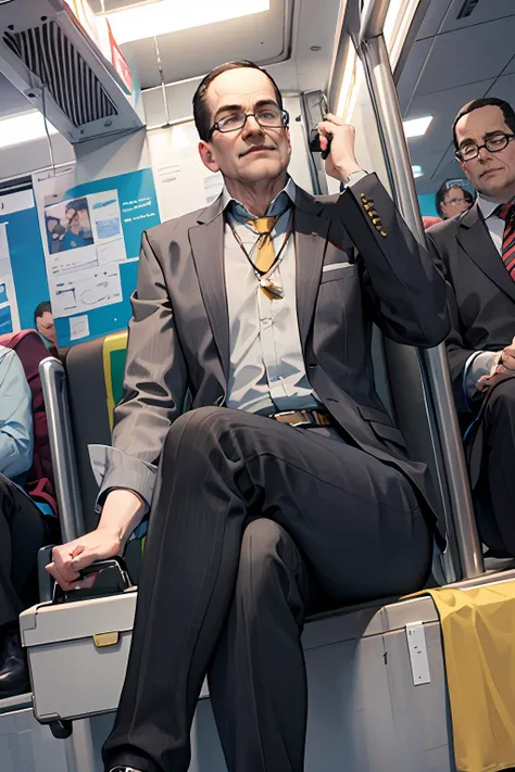 , <lora:senatorarmstrong:0.9> senatorarmstrong, male, glasses, black pants, black belt, <lora:muscle_slider_v1:-1.2>, briefcase, sitting, subway, train, best quality, masterpiece, ultra high res, detailed skin, high detail,