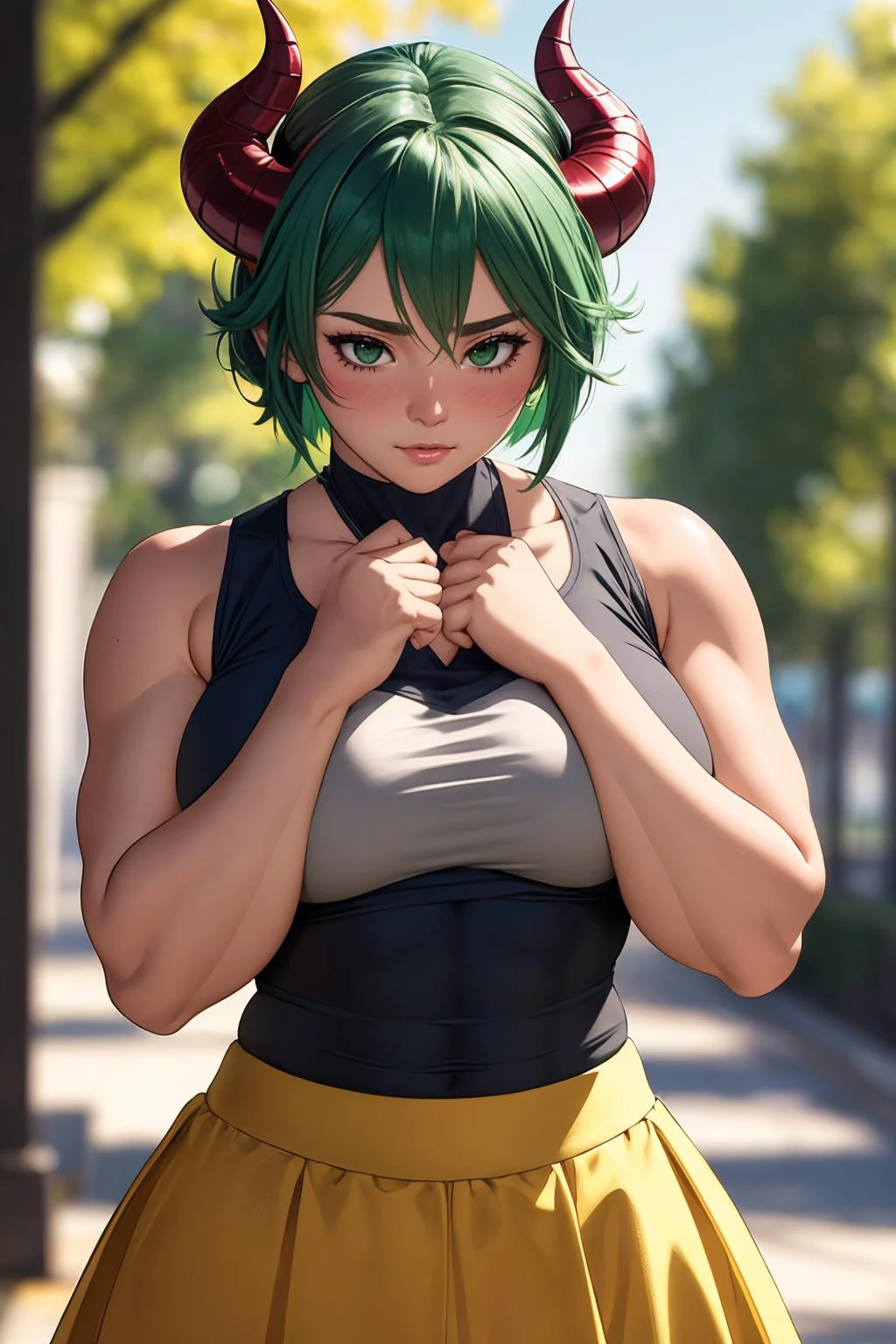 ultra detailed, sharp focus, best quality, masterpiece, colorful, <lora:muscle_slider_v1:1.5> 1 woman, tank top, skirt, green hair, demon horns, blush, hands together, shy, park background, best quality, masterpiece, intricate details