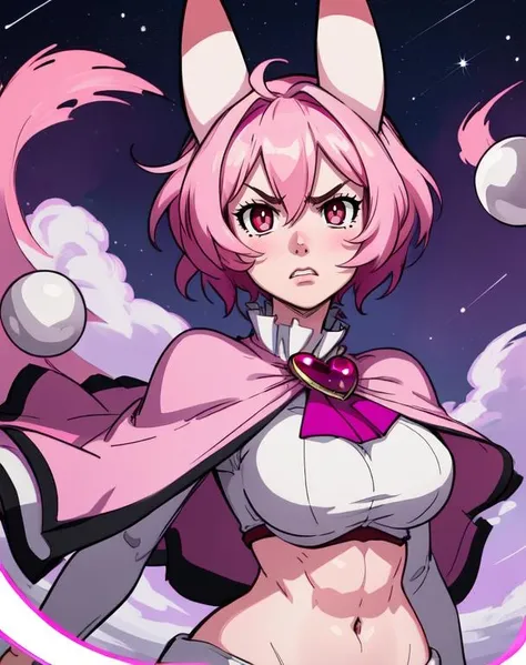SeaAngel,red eyes, pink hair, pink skin, animal ears, pink capelet, brooch, pink capelet, navel, large breasts, wide hips,
ghost lower body, solo, floating, abs,
angry, floating orbs, lake, stars, purple sky, (insanely detailed, beautiful detailed face, masterpiece, best quality) <lora:Seaangel:0.7>