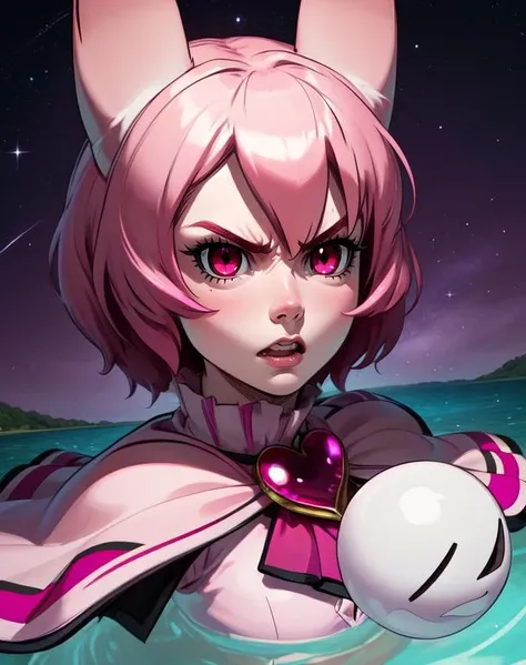 SeaAngel,red eyes, pink hair, pink skin, animal ears, pink capelet, brooch, pink capelet, navel,
angry, floating orbs, lake, stars, purple sky, (insanely detailed, beautiful detailed face, masterpiece, best quality) <lora:Seaangel:0.7>