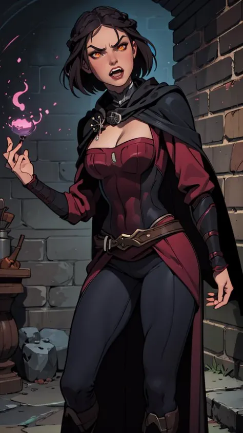 solo, (best quality, masterpiece, colorful, highest detailed), underground dungeon, highly detailed background, (official art), professional, shadows, 1080p, comic book style, <lora:SeranaV1:0.9> Serana, orange_eyes, red_eyes, breasts, black_hair, cleavage, braid, cape, medieval, vampire, black_sclera, colored sclera, fangs, showing her teeth, angry, in the shadows