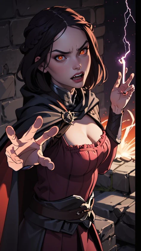 solo, (best quality, masterpiece, colorful, highest detailed), underground dungeon, highly detailed background, (official art), professional, shadows, 1080p, comic book style,  <lora:SeranaV1:0.9> Serana, orange_eyes, red_eyes, breasts, black_hair, cleavage, braid, cape, medieval, vampire, black_sclera, colored sclera, fangs, showing her teeth, angry, in the shadows, lightening powers