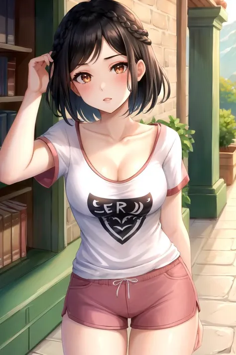<lora:SeranaV1:0.8>, Serana, 1girl, black_hair, solo, cleavage, braid, medium_breasts, white_t-shirt, pink shorts