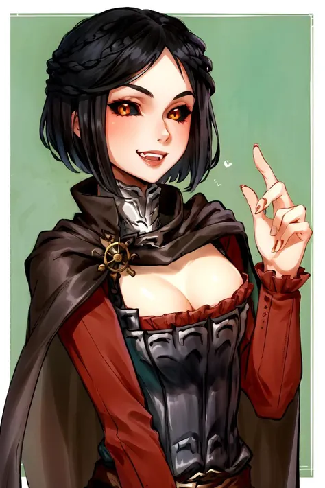 <lora:SeranaV1:1>, Serana, 1girl, breasts, cleavage, solo, black_hair, braid, fangs, vampire, smile, cape, medium_breasts, cleavage, black_sclera, colored sclera, <lora:blacksclera-v1.5-lora-naivae-32dim-6ep:0.75>