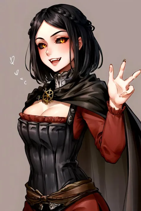 <lora:SeranaV1:1>, Serana, 1girl, breasts, cleavage, solo, black_hair, braid, fangs, vampire, smile,  cape, medium_breasts, cleavage, black_sclera, colored sclera, <lora:blacksclera-v1.5-lora-naivae-32dim-6ep:0.75>