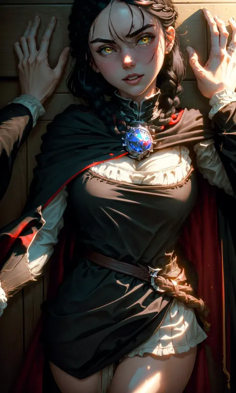 (pov, 1girl and 1boy, kabedon pov:1.4), nsfw,
(black_hair, braid, cape, serana, corneo_covering_breasts_arms_crossed, surprised, shocked, bright yellow eyes:1.2),
slight smile, open mouth, revealing cleavage,
masterpiece, detailed, intricate, high quality, best quality, insaneres,
<lora:kabedon_pov_cornering:1>, <lora:SeranaV1:0.6>, <lora:beautifulDetailedEyes_v10:1>, <lora:envybetterhandsLocon_beta2:1>