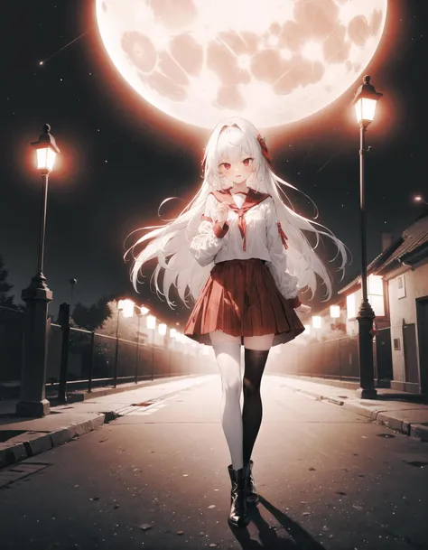 best quality,masterpiece,absurdres,1girl,solo,white hair,very long hair,red eyes,teenage,blackwhitethighhighs,zettai ryouiki,standing,looking at viewer,BREAK cityscape,night sky,night,lamppost,road,full moon,