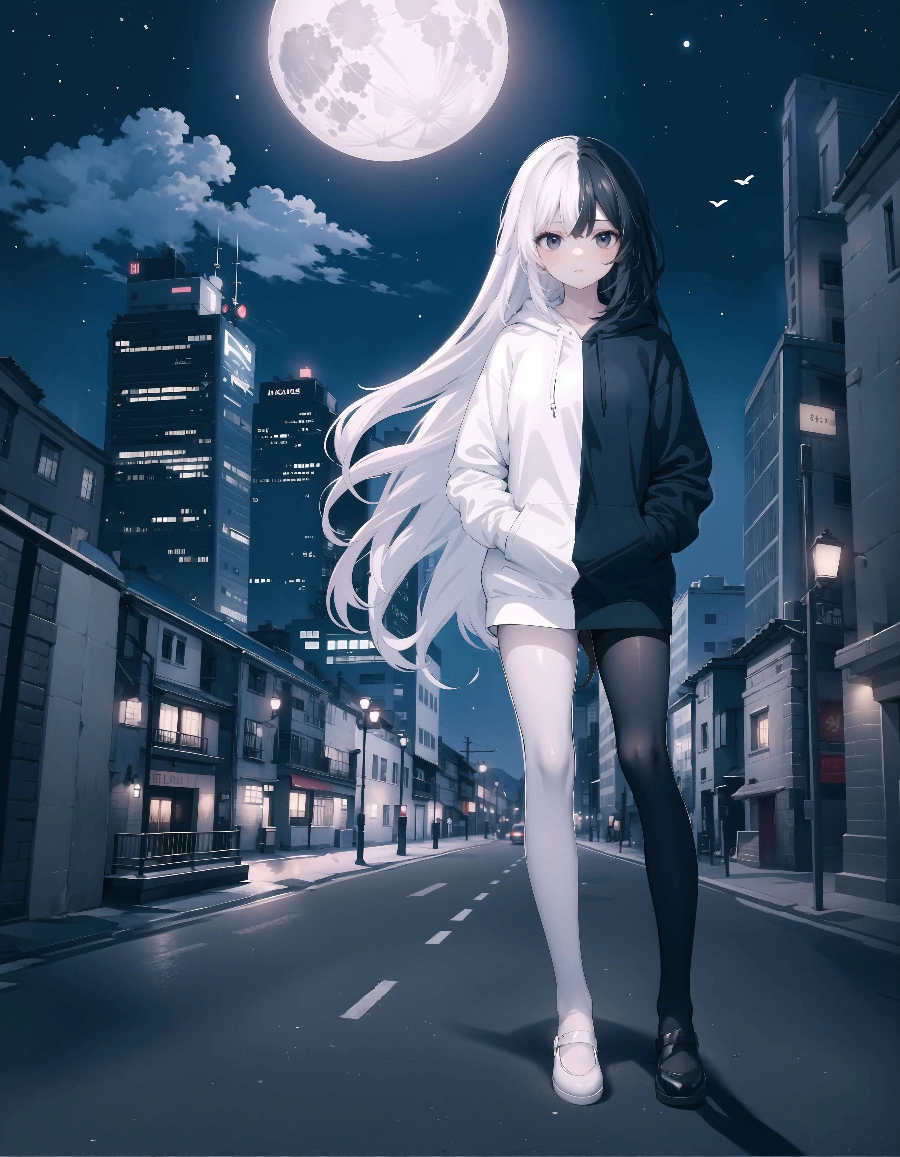 best quality,masterpiece,1girl,age,full body,(black eyes:1.1),close-up,very long hair,straight hair,sidelocks,solo,hoodie,(split-color hair:1.2),<lora:SplitColorHairV1:1.2>,<lora:BlackWhiteLegwears-000005:0.6>,(blackwhitepantyhose:0.8),hands in pockets,(looking at viewer:1.2),expressionless,BREAK night,full moon,cityscape,(mansion:1),(high building:1),(night sky:1.1),sky,starry sky,road,street,city lights,door,window,