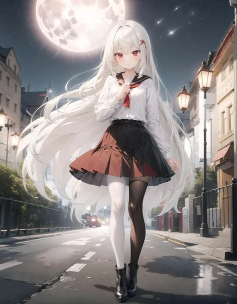 best quality,masterpiece,absurdres,1girl,solo,white hair,very long hair,red eyes,teenage,blackwhitethighhighs,standing,looking at viewer,BREAK cityscape,night sky,night,lamppost,road,full moon,
