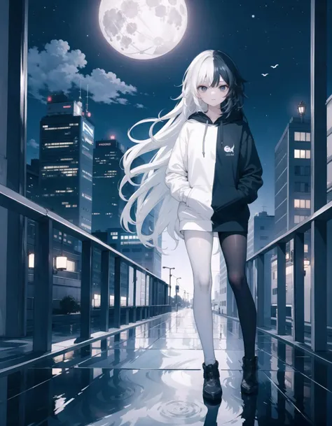 best quality,masterpiece,1girl,teenage,full body,(black eyes:1.1),close-up,very long hair,straight hair,solo,hoodie,(black hoodie:1.2),(split-color hair:1.4),<lora:SplitColorHairV1:1.3>,<lora:BlackWhiteLegwears:0.6>,(blackwhitethighhighs:0.8),hands in pockets,looking at viewer,expressionless,BREAK night,lamppost,full moon,cityscape,night sky,
