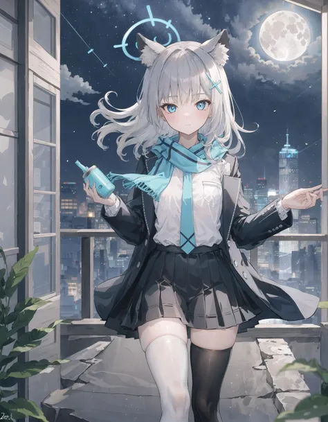 best quality,masterpiece,absurdres,<lora:sunaookamiShirokoV1:0.8>,shiroko \(blue archive\),1girl,solo,teenage,(blackwhitethighhighs:0.8),(zettai ryouiki:1.2),standing,looking at viewer,BREAK cityscape,night sky,night,lamppost,road,full moon,