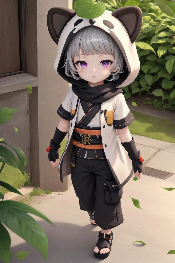 <lora:Sayu(gen):0.7>
looking at viewer,leaf_on_head,toeless_footwear,short_hair,animal_hood,fake_tail,japanese_clothes,grey_hair,fake_animal_ears,raccoon_ears,fingerless_gloves,black_gloves,bangs,raccoon_tail,black_scarf,purple_eyes,short_sleeves,blunt_bangs,black_footwear,hood_up, pants
The soft lighting and detailed surroundings create an immersive environment where imagination runs wild