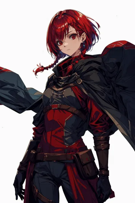 <lora:Fantasy_Classes_SD:0.8>,
fantasy class,rogue,
ligne claire,flat color,
1girl,
red hair,twin braids,short hair,
red eyes,
earrings,
assassin suit,black suits,
short cape,
cowboy shot,looking_at_viewer,
(white background),
<lora:ligne_claire_anime:0.8>,
<lora:add_detail:0.7>,