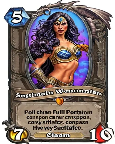 5 A stunning intricate full color portrait of Wonderwoman Hearthstone card, epic character composition, sharp focus, natural lighting, subsurface scattering, Very detailed, clean, high quality, sharp image