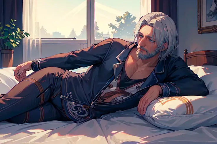 <lora:soine:0.5> soine, bed, pillow, lying, on side, (pajamas:1.2), from side, cowboy shot, <lora:DHank:0.8> DHank, blue eyes, white hair, facial hair, beard, old, old man,, ultra detailed, masterpiece, best quality, aesthetic, detailed,