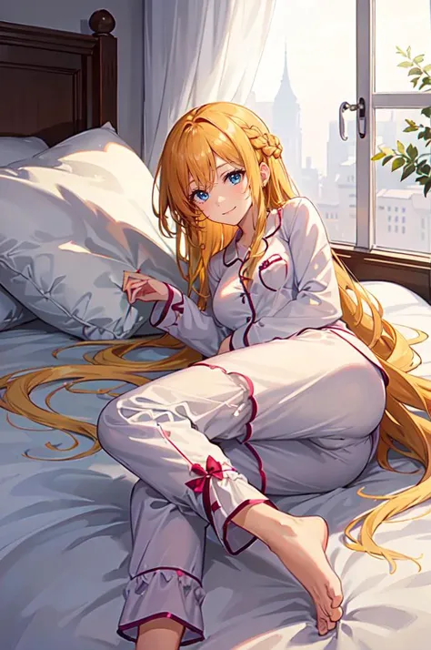 (((Adult woman))), pink eyes, (long blonde hair), pajamas, smirk, night