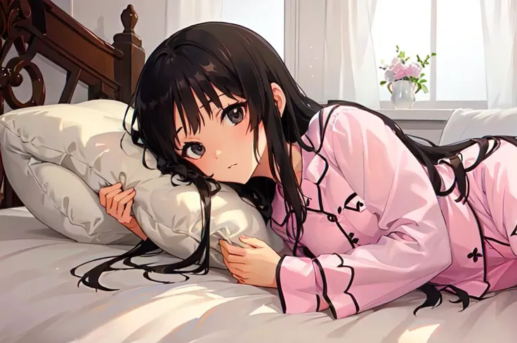 <lora:soine:0.4> soine, bed, pillow, lying, on side, (pajamas:1.2), from side, <lora:akiyama_mio:0.85> aamio,black eyes,long hair,hime cut,blunt bangs,, ultra detailed, masterpiece, best quality, aesthetic, detailed,