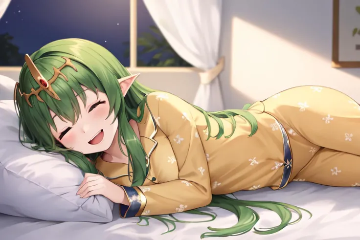 masterpiece, best quality,
1girl, <lora:youngTiki_fe:0.7>, green straight long hair, tiara,
<lora:soine:0.5>, soine, bed, pillow, lying, on side, (yellow pajamas:1.2), cowboy shot, (smile:1.2), open mouth, closed eyes, upper teeths, night,