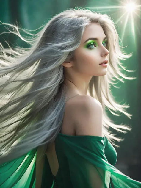 beautiful woman, 18 year old, long hair, bright green eyes, flowing hair, silver hair, windswept hair, rear shot, green makeup, over the shoulder, portrait, silver emerald theme, very slim, backlit, mist, god rays, lense flares, masterpiece, best quality, atmospheric, good structure, good composition, good anatomy, high detail, wide angle