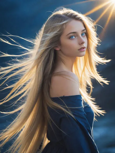 beautiful woman, 18 year old, long hair, dark blue eyes, flowing hair, blonde hair, windswept hair, rear shot, over the shoulder, portrait, yellow navy blue theme, very slim, backlit, mist, god rays, lense flares, masterpiece, best quality, atmospheric, good structure, good composition, good anatomy, high detail