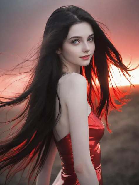 beautiful woman, 18 year old, long hair, bright dark eyes, flowing hair, shiny black hair, pale skin, smirk, porcelain skin, windswept hair, rear shot, over the shoulder, portrait, black red theme, very slim, backlit, mist, god rays, lense flares, masterpiece, best quality, atmospheric, good structure, good composition, good anatomy, high detail, wide angle, background red sunset