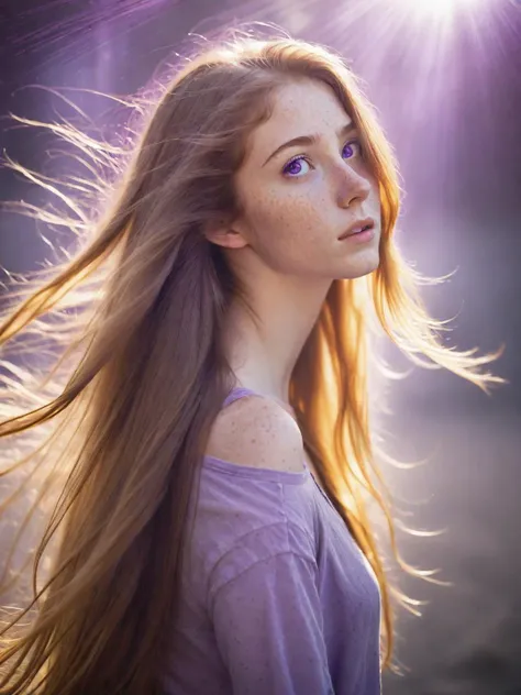 beautiful woman, 18 year old, long hair, bright purple eyes, flowing hair, freckles, windswept hair, rear shot, over the shoulder, portrait, purple yellow theme, very slim, backlit, mist, god rays, lense flares, masterpiece, best quality, atmospheric, good structure, good composition, good anatomy, high detail, wide angle