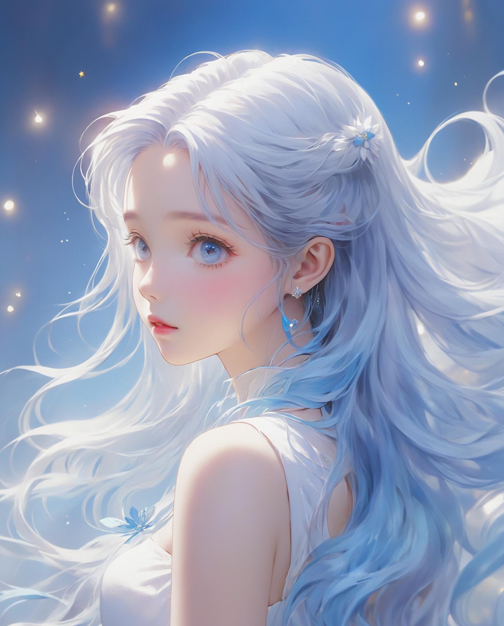 A woman with long white hair and blue eyes is looking at the stars ...