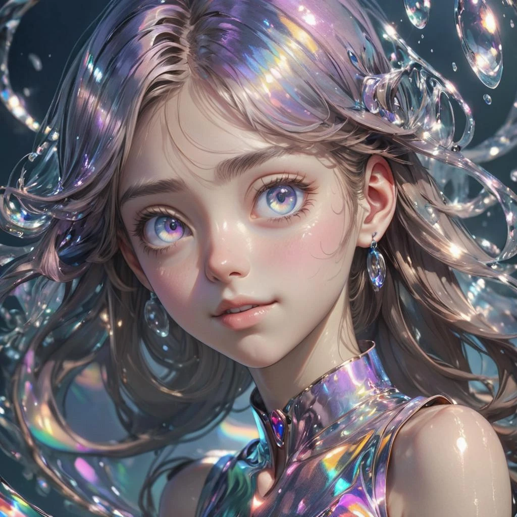 should have a realistic quality to it, with attention to detail in both the character and background.
(Ultra-detailed, UHD: 1.2)
The image should be highly detailed and of ultra-high definition (UHD) quality, ensuring a clear and crisp visual experience.
(Pixiv: 1.3)
The image should be suitable for sharing on the Pixiv platform, indicating a focus on artistic and creative content.
(Perfect illumination, distinct, Unreal Engine)
The lighting in the image should be perfectly executed, creating a distinct and visually appealing atmosphere. The use of the Unreal Engine can help achieve realistic lighting effects.
(Sidelighting, perfect face, detailed face, beautiful eyes, pretty face)
The lighting should come from the side, highlighting the girl's face and bringing out her beautiful eyes. The face should be meticulously detailed, showcasing her attractiveness.
(Bright skin: 1.3)
The girl's skin should have a bright and radiant appearance, adding to her overall beauty.
(Idol, ulzzang-6500-v1.1, soft smile)
The girl should have an idol-like presence, embodying a sense of charm and popularity. She should also have a soft and gentle smile.
(Depth of field)
The image should have a shallow depth of field, with the focus on the girl and a slightly blurred background, creating a sense of depth and drawing attention to the main subject.
(Ringed eyes: 1.4)
The girl's eyes should have a ringed or defined appearance, adding a unique and captivating element to her gaze.
(Holo, holographic hair, holographic body)
The girl's hair and body should have a holographic or iridescent quality, giving her a futuristic and ethereal appearance.
(Water, holo water, glass skin, glass)
The image should incorporate water elements, such as holo water, and the girl's skin should have a glass-like transparency, resembling glass.