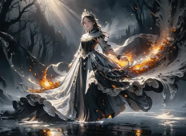 This is a work of art with great beauty and detail, show beautiful light, detailed ice surface, beautiful water surface, breeze, splashing water, flying petals, wind, burning forest, sparks, light leakage, burning sky, flames, burning flames around, flying sparks, melting, black and white melting, wearing black and white robe, gold and silver lace, gold and silver lace lace, flowing black and white background, etc. In addition, the picture also shows an extremely detailed and gorgeous crown, increasing the luxury of the picture. In general, this is a work of great visual impact and artistic value, suitable for use as a work of art or wallpaper.