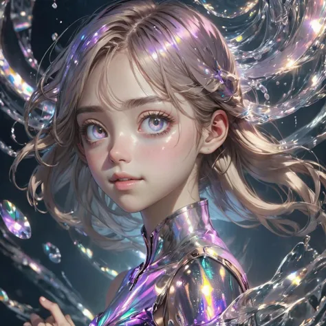 should have a realistic quality to it, with attention to detail in both the character and background.
(Ultra-detailed, UHD: 1.2)
The image should be highly detailed and of ultra-high definition (UHD) quality, ensuring a clear and crisp visual experience.
(Pixiv: 1.3)
The image should be suitable for sharing on the Pixiv platform, indicating a focus on artistic and creative content.
(Perfect illumination, distinct, Unreal Engine)
The lighting in the image should be perfectly executed, creating a distinct and visually appealing atmosphere. The use of the Unreal Engine can help achieve realistic lighting effects.
(Sidelighting, perfect face, detailed face, beautiful eyes, pretty face)
The lighting should come from the side, highlighting the girl's face and bringing out her beautiful eyes. The face should be meticulously detailed, showcasing her attractiveness.
(Bright skin: 1.3)
The girl's skin should have a bright and radiant appearance, adding to her overall beauty.
(Idol, ulzzang-6500-v1.1, soft smile)
The girl should have an idol-like presence, embodying a sense of charm and popularity. She should also have a soft and gentle smile.
(Depth of field)
The image should have a shallow depth of field, with the focus on the girl and a slightly blurred background, creating a sense of depth and drawing attention to the main subject.
(Ringed eyes: 1.4)
The girl's eyes should have a ringed or defined appearance, adding a unique and captivating element to her gaze.
(Holo, holographic hair, holographic body)
The girl's hair and body should have a holographic or iridescent quality, giving her a futuristic and ethereal appearance.
(Water, holo water, glass skin, glass)
The image should incorporate water elements, such as holo water, and the girl's skin should have a glass-like transparency, resembling glass.