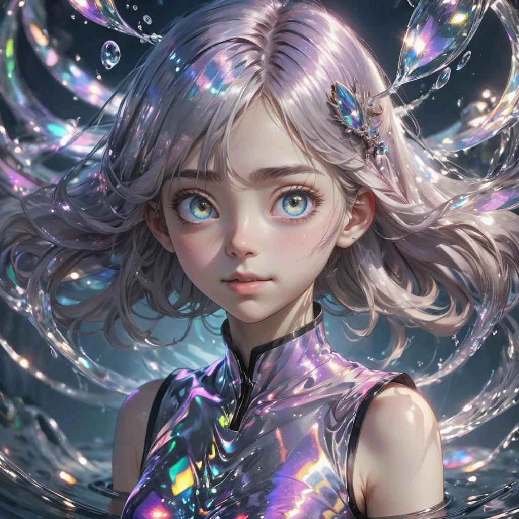 should have a realistic quality to it, with attention to detail in both the character and background.
(Ultra-detailed, UHD: 1.2)
The image should be highly detailed and of ultra-high definition (UHD) quality, ensuring a clear and crisp visual experience.
(Pixiv: 1.3)
The image should be suitable for sharing on the Pixiv platform, indicating a focus on artistic and creative content.
(Perfect illumination, distinct, Unreal Engine)
The lighting in the image should be perfectly executed, creating a distinct and visually appealing atmosphere. The use of the Unreal Engine can help achieve realistic lighting effects.
(Sidelighting, perfect face, detailed face, beautiful eyes, pretty face)
The lighting should come from the side, highlighting the girl's face and bringing out her beautiful eyes. The face should be meticulously detailed, showcasing her attractiveness.
(Bright skin: 1.3)
The girl's skin should have a bright and radiant appearance, adding to her overall beauty.
(Idol, ulzzang-6500-v1.1, soft smile)
The girl should have an idol-like presence, embodying a sense of charm and popularity. She should also have a soft and gentle smile.
(Depth of field)
The image should have a shallow depth of field, with the focus on the girl and a slightly blurred background, creating a sense of depth and drawing attention to the main subject.
(Ringed eyes: 1.4)
The girl's eyes should have a ringed or defined appearance, adding a unique and captivating element to her gaze.
(Holo, holographic hair, holographic body)
The girl's hair and body should have a holographic or iridescent quality, giving her a futuristic and ethereal appearance.
(Water, holo water, glass skin, glass)
The image should incorporate water elements, such as holo water, and the girl's skin should have a glass-like transparency, resembling glass.