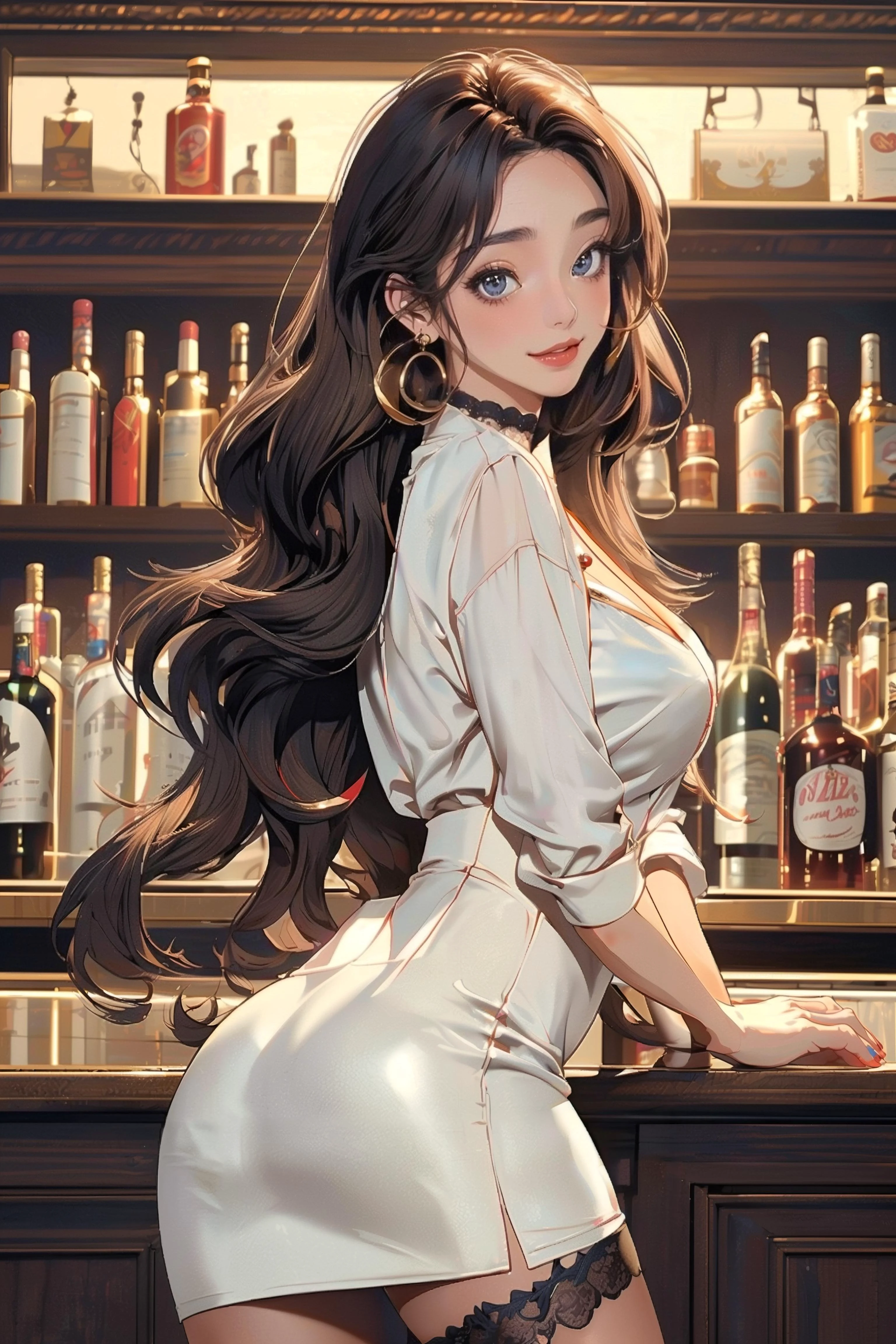glamour photo of Sookyoungdef, (korean beauty, korean mixed:1.2), (masterpiece, best quality, cowboy shot, looking at viewer, realistic LUT, cinematic LUT, 8k, RAW photo, dslr, realistic, ultra high res:1.2, delicate, colorful, vibrant colors, amazing scene lighting, light_on_front_face:1.3, bokeh), (ulzzang-6500-v1.1:0.4), (pureerosface_v1:1.1), <lora:manhwa_braveNewWorld_yooSookYoung_v10:0.7>, (detailed face:1.3, big eyes, eyeshadow, long eyelashes, red lips, eyes_smile, blush, evil smiling), (detailed skin:1.3, Glossy skin + Shiny skin:1.4), (black hair, long hair, straight hair:1.3), (stud earrings, lace choker, necklace, gigantic breasts:1.2, cleavage, narrow waist:1.1, abs, thick thighs:1.3, long legs, slim legs, garter straps, garter belt,), (Wide-legged dress pants with a colorful blouse, Artist, Tall, Firm, Triangular Face, Olive Skin, Golden Blonde Hair, ruby Eyes, [[Curved Nose]], Thick Lips, Round Chin, Shoulder-Length Hair, Curly Hair, Lace Braid, round breasts, Threader earrings, lavender, satin lipstick, leaning against a wall, leaning backwards), (A moody jazz bar with low lighting and vintage posters), <lora:animeLeges:0.2>, beautylegs, <lora:envy_betterhands_beta2:1.2>, <lora:red2white_lineWeightsAdjuster_v10:0>, <lora:add_sharpness:1>