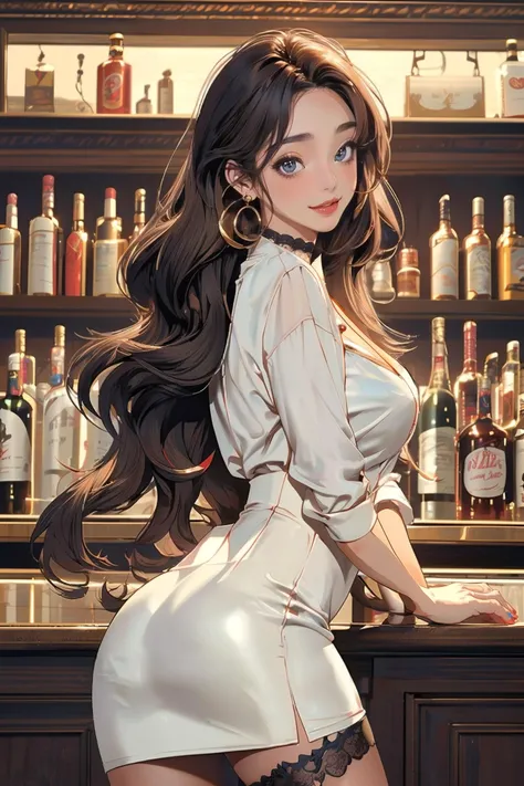 sam yang,
1girl, violet eyes, brunette hair, bar background, drink, lips, big tits, looking forward, longhair, profile, minidress, solo,