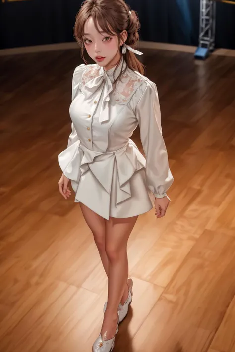 highres,absurdres,masterpiece,best quality,original,extremely detailed CG,extremely detailed wallpaper,perfect lighting,standing on the stage,blurry background,(from above),looking at viewer,
<lora:SookYoung_BNW:0.75>,sookyoungdef,brown hair,brown eyes,bangs,lips,<lora:GoodHands-beta2:1>,