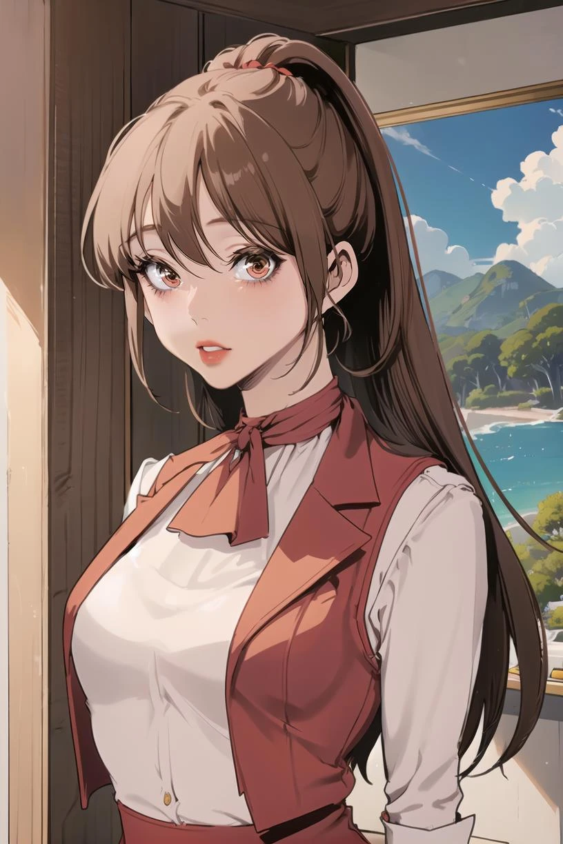 <lora:SookYoung_BNW:0.9> sookyoungdef, brown hair, brown eyes,
white shirt, bangs, pencil skirt, red skirt, red vest, upper body, portrait, ponytail, red lips, looking at viewer,
masterpiece, best quality,