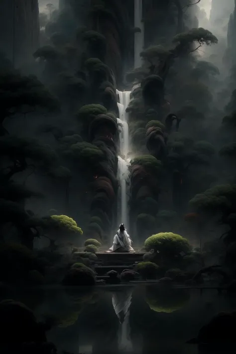 an painting in a style of oriental painting, in the style of matte painting, layered and atmospheric landscapes, rich and immersive, quiet contemplation, dark white and green, history painting, zen-inspired, grandeur of scale, highly detailed, dynamic, cinematic, stunning, realistic lighting and shading, vivid, vibrant, 8k, octane render, unreal engine, very detailed, concept art, realistic, Cry engine, wide shot, 1 girl, very long hair, white hair, (upper body:1.0), <lora:pine_20230904213617:1>, <lora:LowRA:0.4>, <lora:add_detail:1>