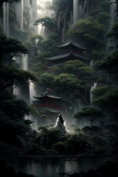 an painting in a style of oriental painting, in the style of matte painting, layered and atmospheric landscapes, rich and immersive, quiet contemplation, dark white and green, history painting, zen-inspired, grandeur of scale, highly detailed, dynamic, cinematic, stunning, realistic lighting and shading, vivid, vibrant, 8k, octane render, unreal engine, very detailed, concept art, realistic, Cry engine, wide shot, 1 girl, very long hair, white hair, (upper body:1.0), <lora:pine_20230904213617:1>, <lora:LowRA:0.4>, <lora:add_detail:1>
