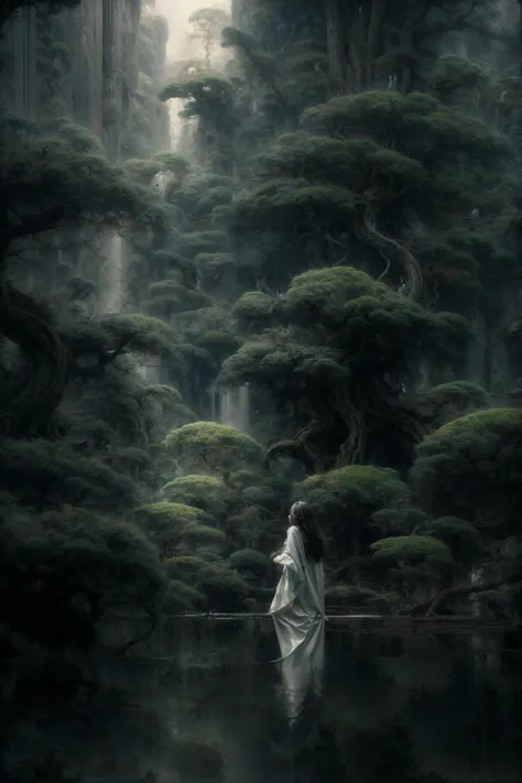 an painting in a style of oriental painting, in the style of matte painting, layered and atmospheric landscapes, rich and immersive, quiet contemplation, dark white and green, history painting, zen-inspired, grandeur of scale, highly detailed, dynamic, cinematic, stunning, realistic lighting and shading, vivid, vibrant, 8k, octane render, unreal engine, very detailed, concept art, realistic, Cry engine, wide shot, 1 girl, very long hair, white hair, (upper body:1.0), <lora:pine_20230904213617:1>, <lora:add_detail:1>
