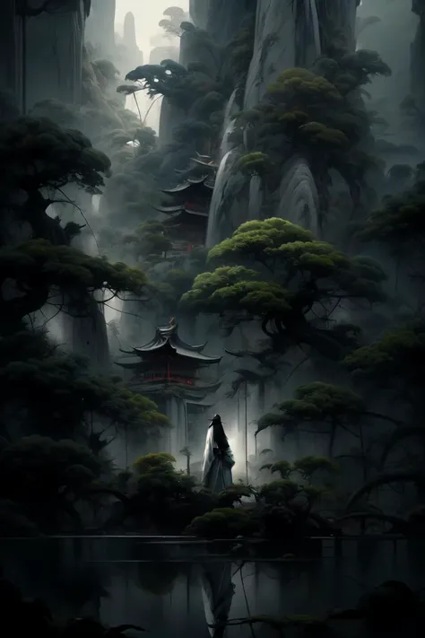 an painting in a style of oriental painting, in the style of matte painting, layered and atmospheric landscapes, rich and immersive, quiet contemplation, dark white and green, history painting, zen-inspired, grandeur of scale, highly detailed, dynamic, cinematic, stunning, realistic lighting and shading, vivid, vibrant, 8k, octane render, unreal engine, very detailed, concept art, realistic, Cry engine, wide shot, 1 girl, very long hair, white hair, (upper body:1.0), <lora:pine_20230904213617:1>, <lora:LowRA:0.4>, <lora:add_detail:1>
