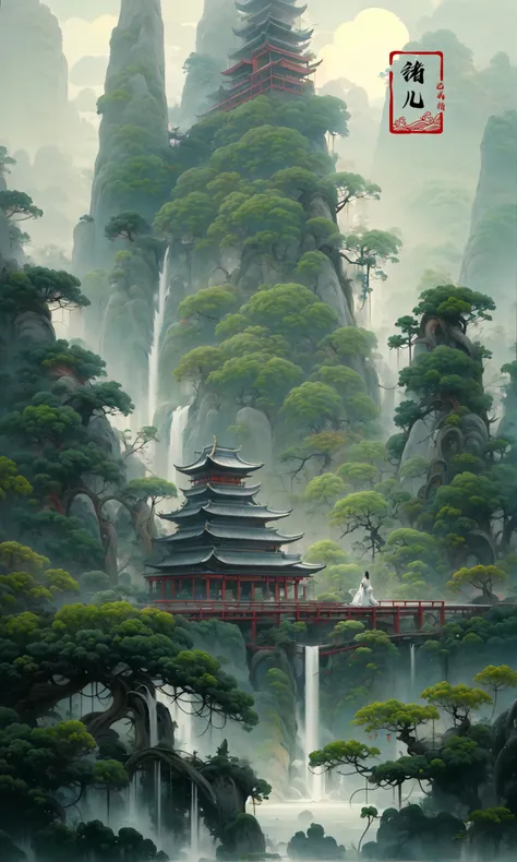 an painting in a style of oriental painting, in the style of matte painting, layered and atmospheric landscapes, rich and immersive, quiet contemplation, dark white and green, history painting, zen-inspired, grandeur of scale
highly detailed, dynamic, cinematic, stunning, realistic lighting and shading, vivid, vibrant, 8k,octane render, unreal engine, very detailed, concept art, realistic, Cry engine, wide shot
very long hairwhite hair
east asian architecturebuildingpagoda
scenerypinetreeoutdoorsbridgewaterreflectionfogboatpondmoss
<lora:~Q?-g~ pine:0.9>