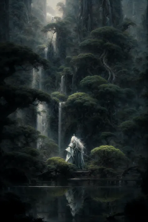 an painting in a style of oriental painting, in the style of matte painting, layered and atmospheric landscapes, rich and immersive, quiet contemplation, dark white and green, history painting, zen-inspired, grandeur of scale, highly detailed, dynamic, cinematic, stunning, realistic lighting and shading, vivid, vibrant, 8k, octane render, unreal engine, very detailed, concept art, realistic, Cry engine, wide shot, 1 girl, very long hair, white hair, (upper body:1.0), <lora:pine_20230904213617:1>, <lora:add_detail:1>