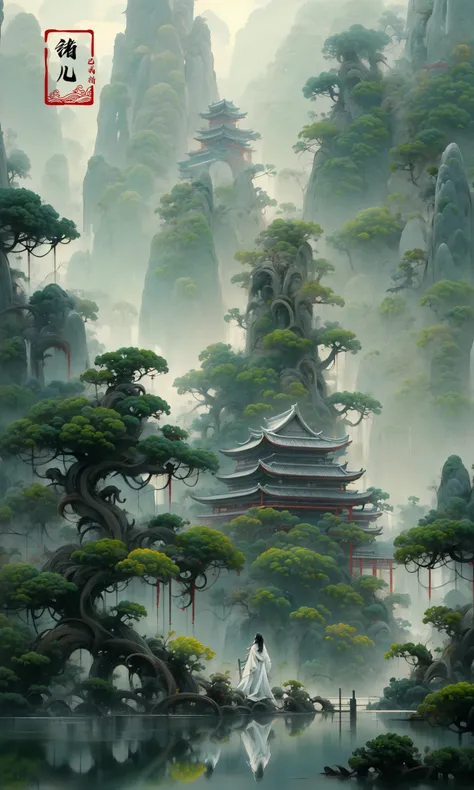 an painting in a style of oriental painting, in the style of matte painting, layered and atmospheric landscapes, rich and immersive, quiet contemplation, dark white and green, history painting, zen-inspired, grandeur of scale
highly detailed, dynamic, cinematic, stunning, realistic lighting and shading, vivid, vibrant, 8k,octane render, unreal engine, very detailed, concept art, realistic, Cry engine, wide shot
very long hairwhite hair
east asian architecturebuildingpagoda
scenerypinetreeoutdoorsbridgewaterreflectionfogboatpondmoss
<lora:~Q?-g~ pine:0.9>