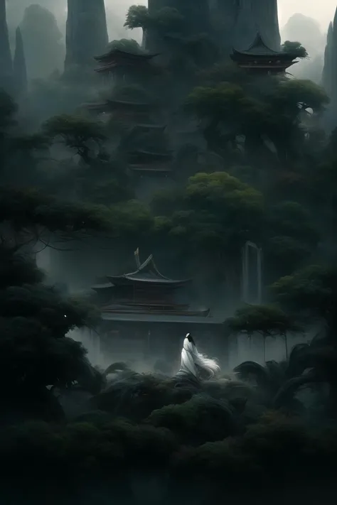an painting in a style of oriental painting, in the style of matte painting, layered and atmospheric landscapes, rich and immersive, quiet contemplation, dark white and green, history painting, zen-inspired, grandeur of scale, highly detailed, dynamic, cinematic, stunning, realistic lighting and shading, vivid, vibrant, 8k, octane render, unreal engine, very detailed, concept art, realistic, Cry engine, wide shot, 1 girl, very long hair, white hair, (upper body:1.0), <lora:pine_20230904213617:1>, <lora:LowRA:0.4>, <lora:add_detail:1>