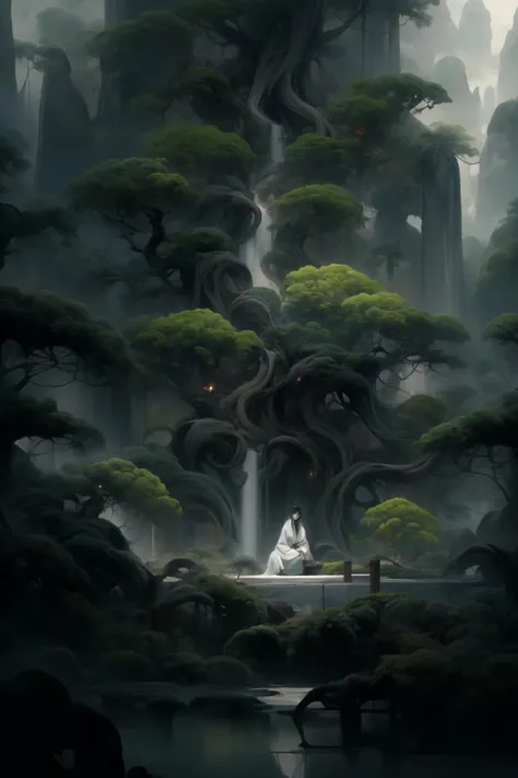 an painting in a style of oriental painting, in the style of matte painting, layered and atmospheric landscapes, rich and immersive, quiet contemplation, dark white and green, history painting, zen-inspired, grandeur of scale, highly detailed, dynamic, cinematic, stunning, realistic lighting and shading, vivid, vibrant, 8k, octane render, unreal engine, very detailed, concept art, realistic, Cry engine, wide shot, 1 girl, very long hair, white hair, (upper body:1.0), <lora:pine_20230904213617:1>, <lora:LowRA:0.4>, <lora:add_detail:1>