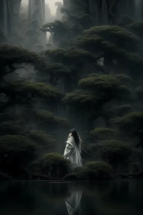 an painting in a style of oriental painting, in the style of matte painting, layered and atmospheric landscapes, rich and immersive, quiet contemplation, dark white and green, history painting, zen-inspired, grandeur of scale, highly detailed, dynamic, cinematic, stunning, realistic lighting and shading, vivid, vibrant, 8k, octane render, unreal engine, very detailed, concept art, realistic, Cry engine, wide shot, 1 girl, very long hair, white hair, (upper body:1.0), <lora:pine_20230904213617:1>, <lora:LowRA:0.4>, <lora:add_detail:1>